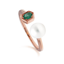(N) Modern Pearl & Emerald Open Ring in Rose Gold Plated Sterling Silver