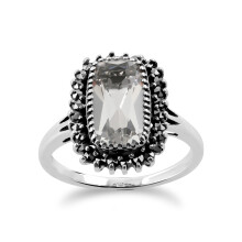 (L) Art Deco Style Cushion Rock Crystal & Marcasite Halo Cluster Ring in 925 Sterling Silver