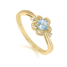 (L) Floral Round Blue Topaz & Diamond Ring in 9ct Yellow Gold