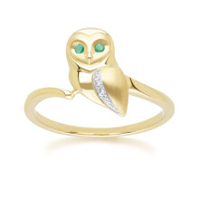 (O) Gardenia Emerald and White Sapphire Owl Ring in 9ct Yellow Gold