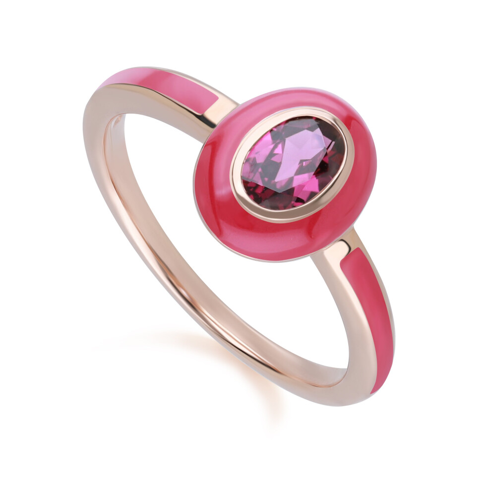 (S) Siberian Waltz Pink Enamel & Oval Rhodolite Ring in Rose Gold Plated Sterling Silver