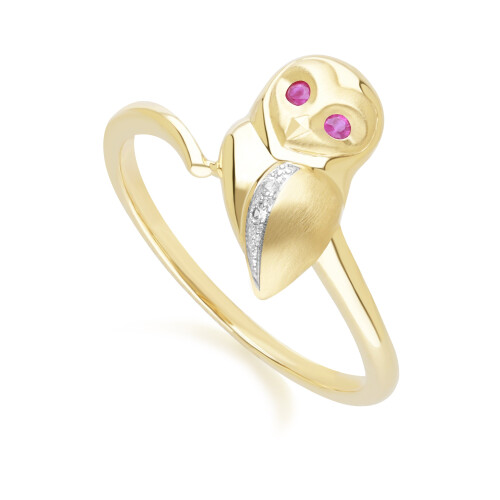 (M) Gardenia Ruby and White Sapphire Owl Ring in 9ct Yellow Gold 2