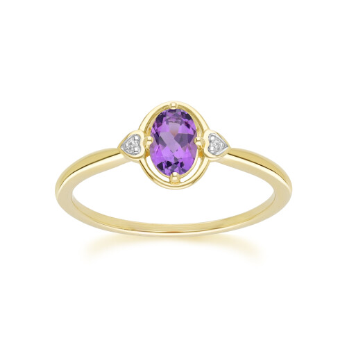 (M) Classic Oval Amethyst & Diamond Heart Ring In 9ct Yellow Gold