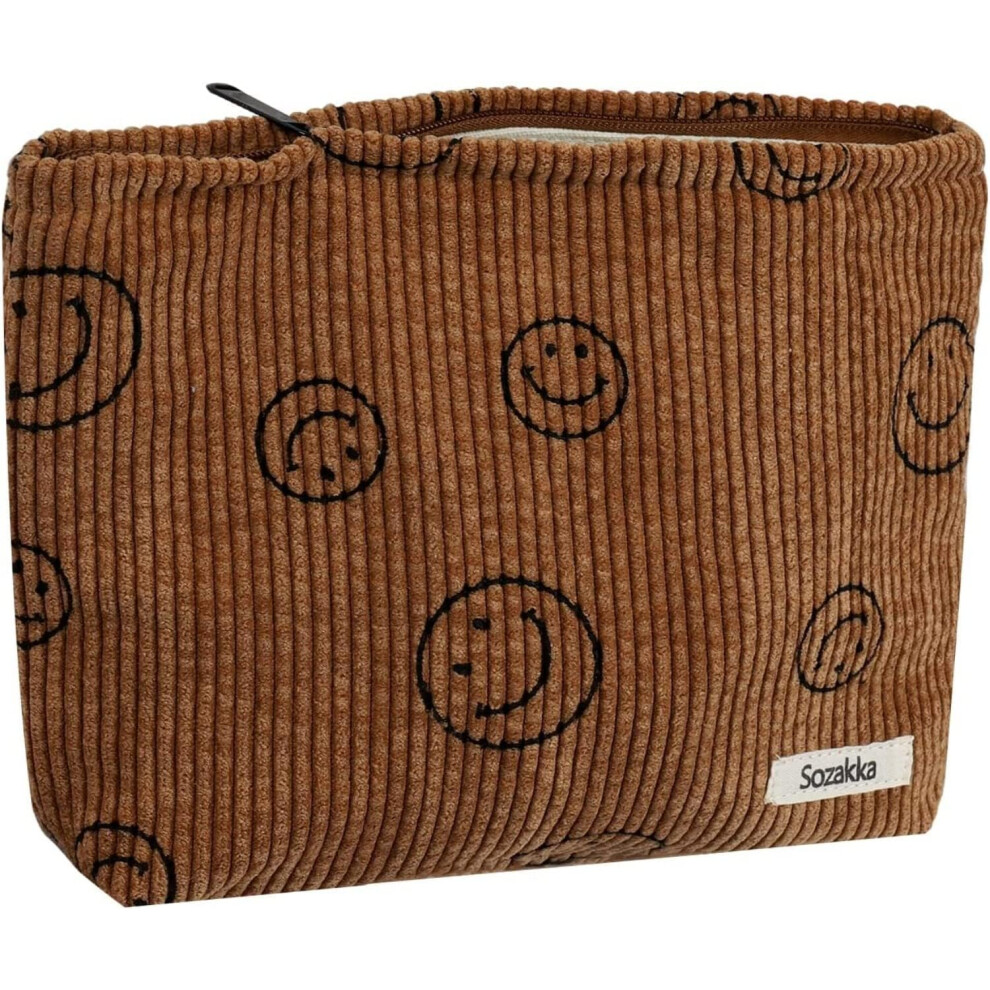 Tianfu Brown Cosmetic Bags For Women Corduroy Cosmetic Bag Aesthetic Women Handbags Purses Smile Dots Makeup Organizer Storage Makeup Bag Girls Case Bags (Brown)
