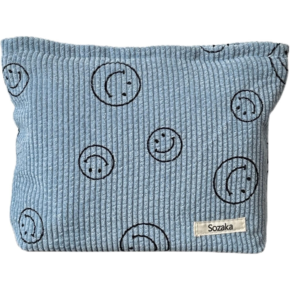 Tianfu Blue Cosmetic Bags For Women - Corduroy Cosmetic Bag Aesthetic Women Handbags Purses Smile Dots Makeup Organizer Storage Makeup Bag Girls Case Bags (Blue)