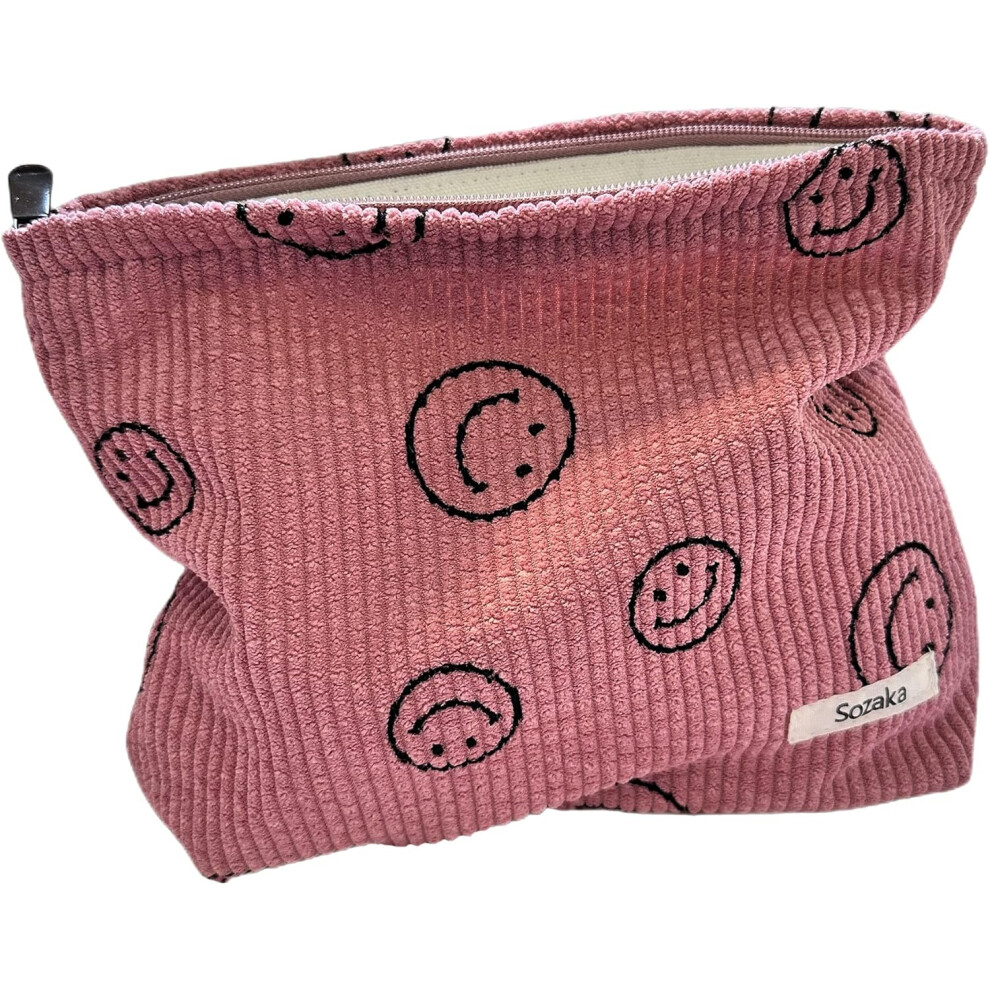 Tianfu Pink Cosmetic Bags For Women - Corduroy Cosmetic Bag Aesthetic Women Handbags Purses Smile Dots Makeup Organizer Storage Makeup Bag Girls Case Bags (Pink)