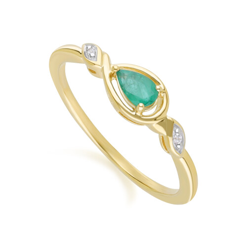 (M) Classic Pear Emerald & Diamond Ring In 9ct Yellow Gold 2