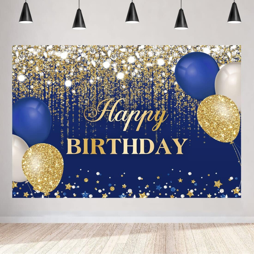 And Happy Birthday Background 7X5 Feet Shiny Dots Diamond Balloon Photography Background Party Decoration Cake Studio Props Blue/Gold 7770198309201