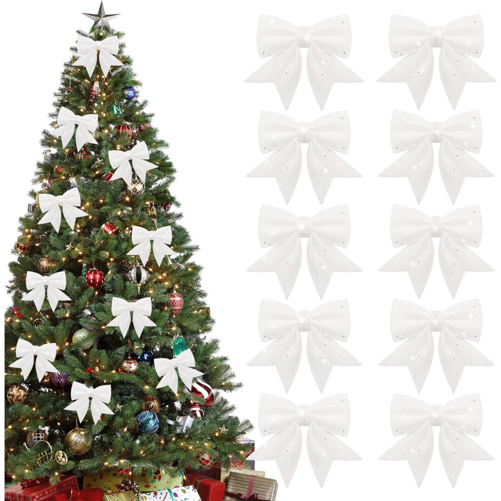 Tianfu 10Pcs Glitter Christmas Bows, Small Christmas Bows, Glitter Bows For Christmas Wreaths, Garlands, Tree Decorations, White