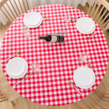 Round Fitted Vinyl Tablecloth for Indoor Outdoor Patio Tables, Oil Waterproof Wipeable, Red and White Checkered Plastic, Fits Diameter 45-56 inches
