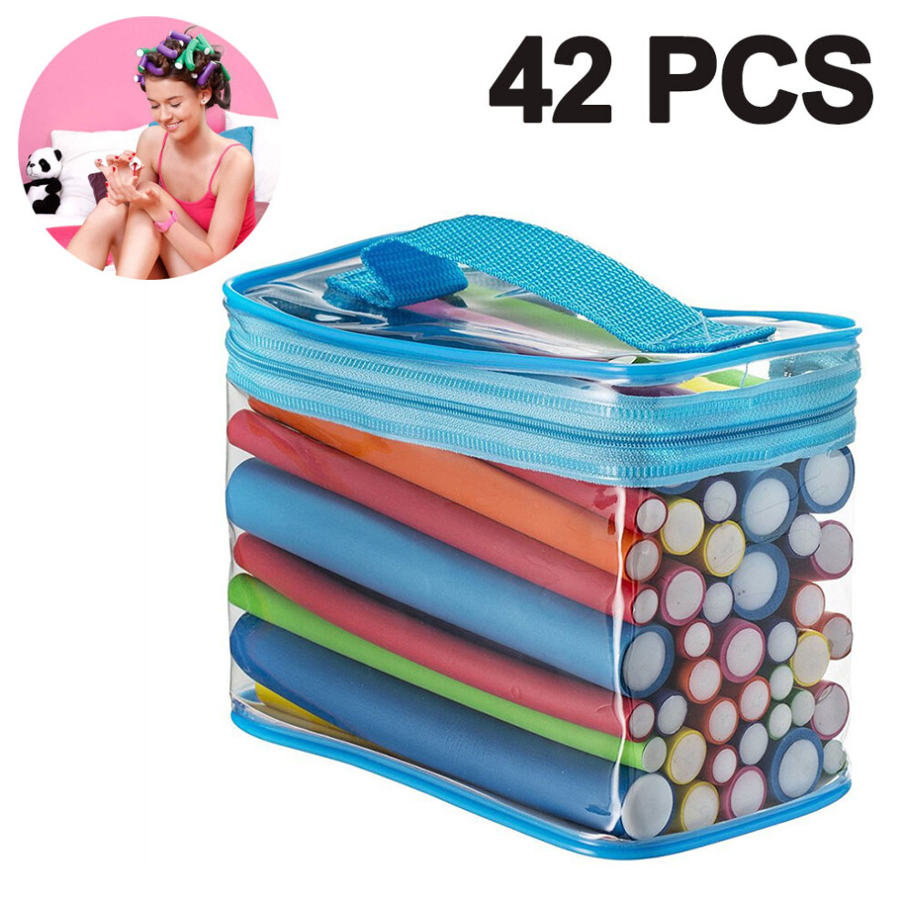 Tianfu 42 Pack Rods 7 Sizes Flexible Curl Sponge Hair Roller Set Hair Foam Curler Hot Roller Set-Blue Bag