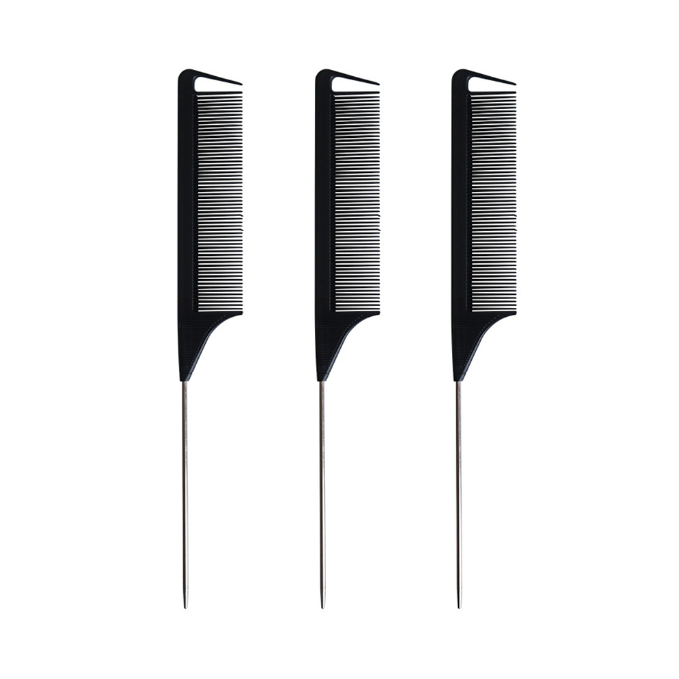 Tianfu Unisex Black Comb For Braids Rat Tail Hair Comb Steel Pin Carbon Fiber Teasing Combs With Stainless Steel Pintail