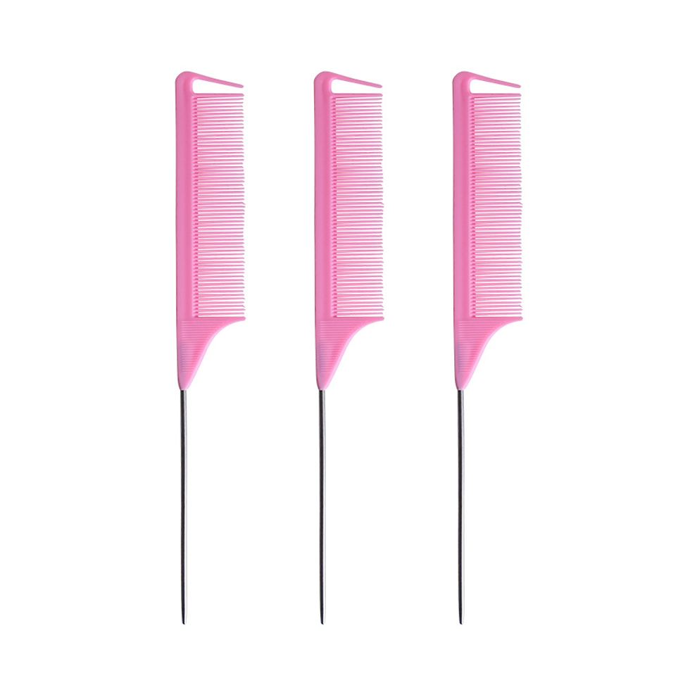 Tianfu Unisex Pink Comb For Braids Rat Tail Hair Comb Steel Pin Carbon Fiber Teasing Combs With Stainless Steel Pintail