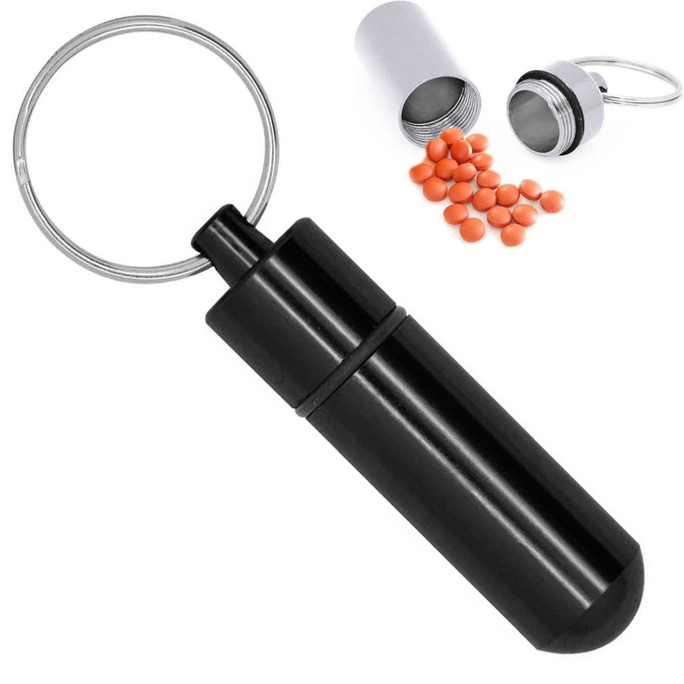 Tianfu Aluminum Keychain Medication Pill Box. Waterproof Portable Mini Travel Pill Boxes Medicine Vitamin Holder Case.-Black