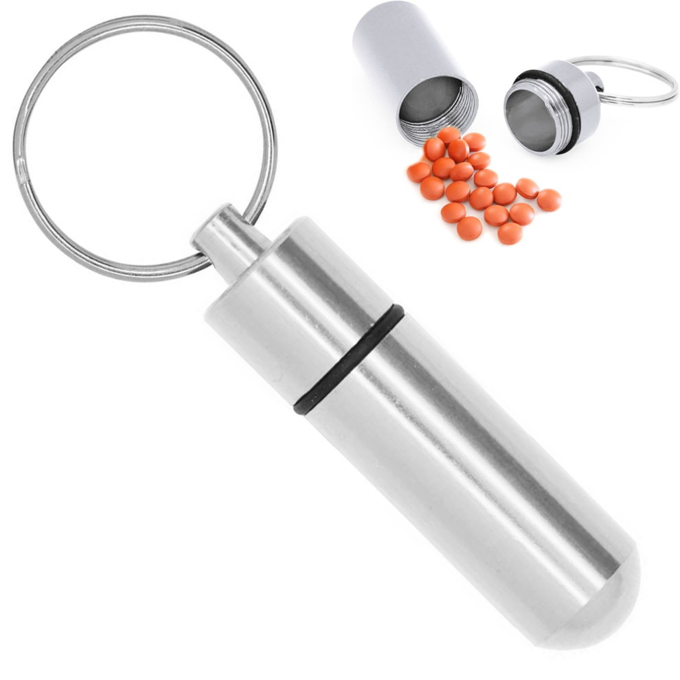 Tianfu Aluminum Keychain Medication Pill Box. Waterproof Portable Mini Travel Pill Boxes Medicine Vitamin Holder Case.-Silver