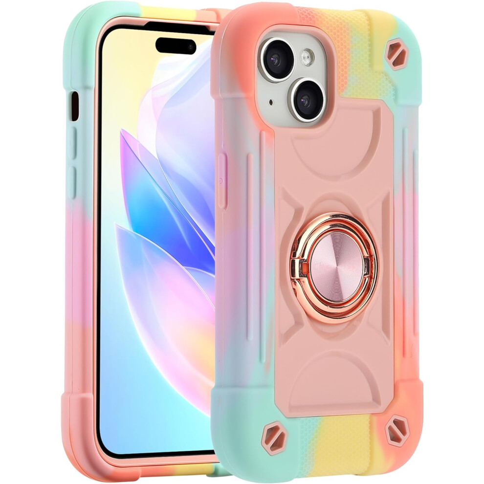 Iphone 15 Case 6.1 Inch With Built-In Kickstand, [Full Body Rugged Military Grade] Drop Protection Heavy Duty Case For Iphone 15. (Rainbow ) Pink 7770198338133