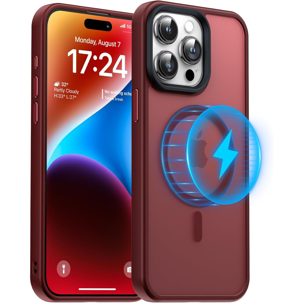 Iphone 15 Pro Case 6.1 Inch, [Military Grade Protection & Compatible With Magsafe], Translucent Matte Back With Soft Edge Phone Case, Burgundy 7770198339987