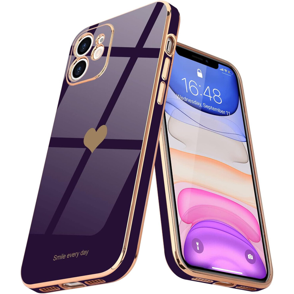 Compatible With Iphone 11 Cute Love-Heart Luxury Bling Plating Soft Back Cover Raised Full Camera Protection Bumper Silicone Shockproof Phone Case 7770198316339