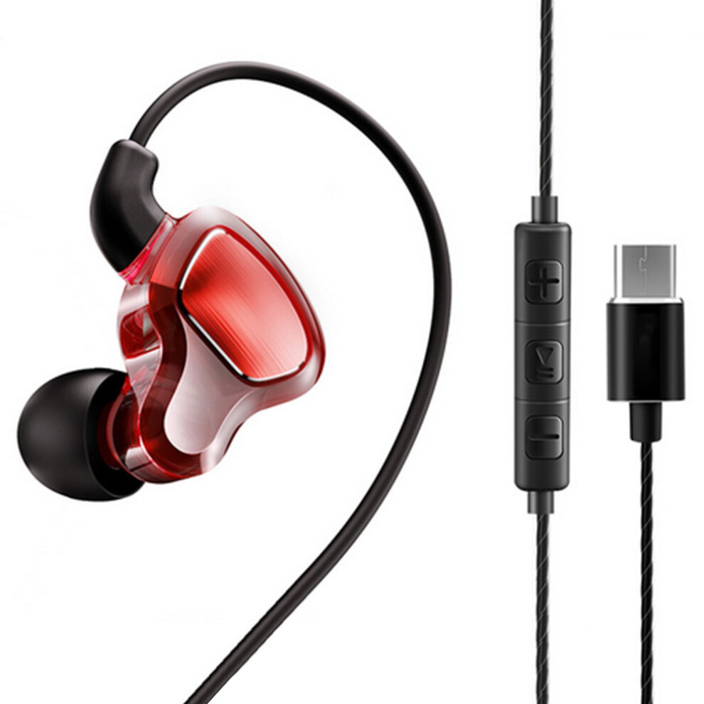 Type-C Headphones, Wi In-Ear Earbuds With Microphone, Hi-Fi Stereo Bass Noise Cancelling Type-C Headphones-China Red 7770198293777