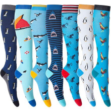 Fun Compression Socks for Women & Men Circulation, Long Stockings Support for Cycling,Hiking,Travel,Fishing,Flight-7 Pairs,Sea series/Small-Medium