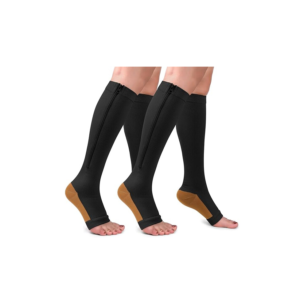 Tianfu Black 2 Pairs Copper Zipper Compression Socks 15-20Mmgh-Calf Knee High Open Toe Support Stocking Compression Stocking/Xx-Large-Copper