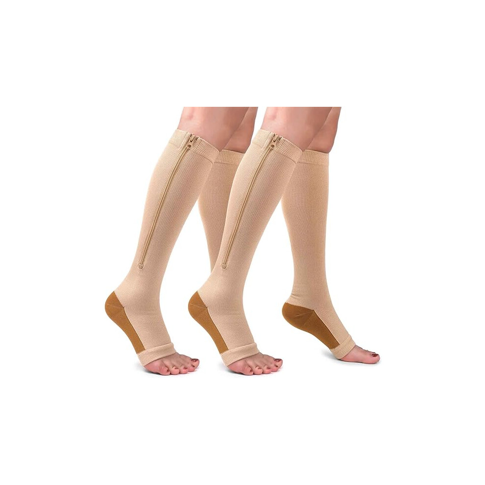 Tianfu 2 Pairs Copper Zipper Compression Socks 15-20Mmgh-Calf Knee High Open Toe Support Stocking Compression Stocking/Xx-Large-Copper Nude