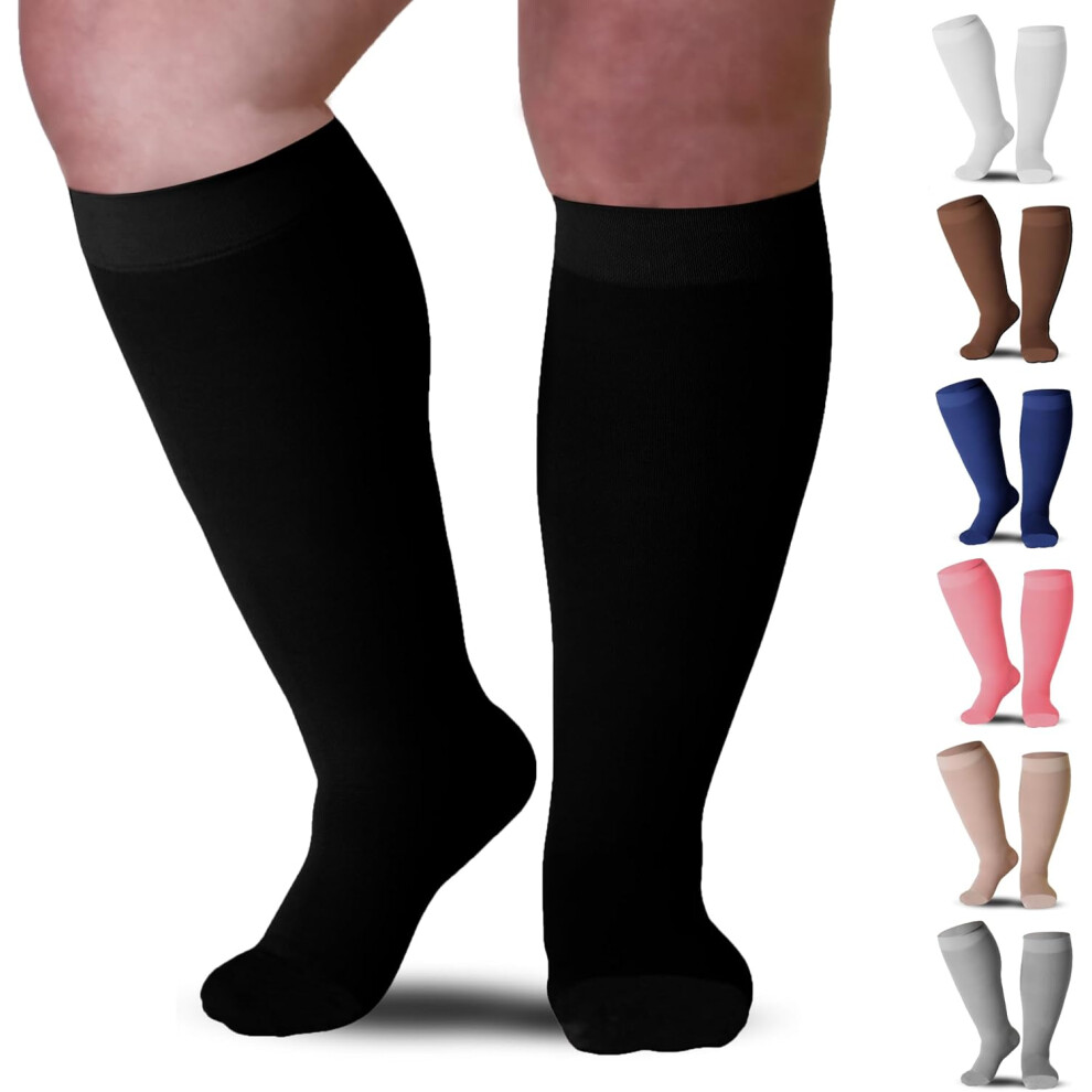 Tianfu Black Compression Socks - Plus Size - 20-30 Mmhg - Unisex - Extra Wide Calf Knee Hi - Opaque, Closed Toe - /6X-Large