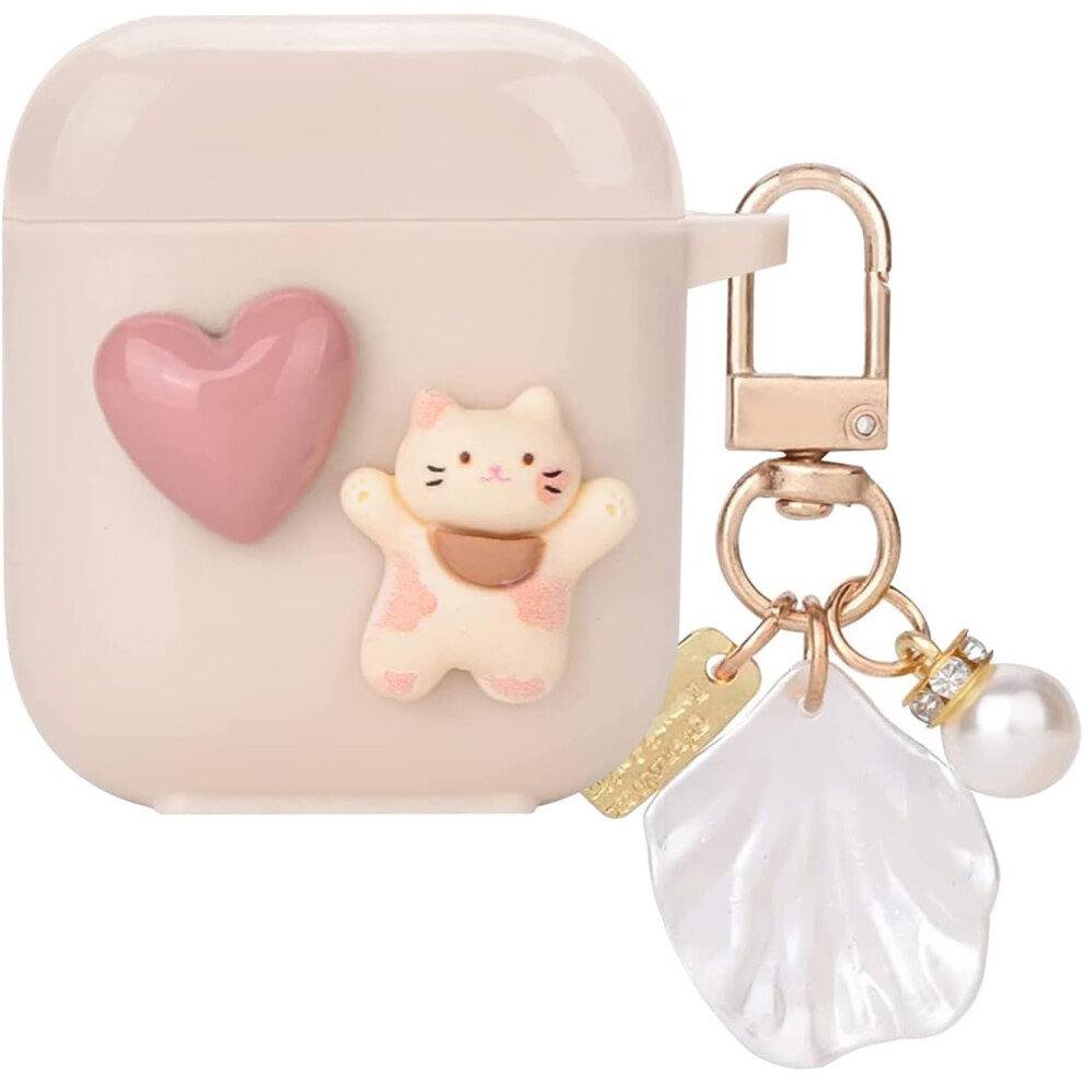 Cute Kawaii Airpod 2Nd 1St Case With Shell Pearl Keychain Love Heart Cat Design Silicone Tpu Cover Compatible With Airpods 2 & 1 Case For Women White 7770198322408