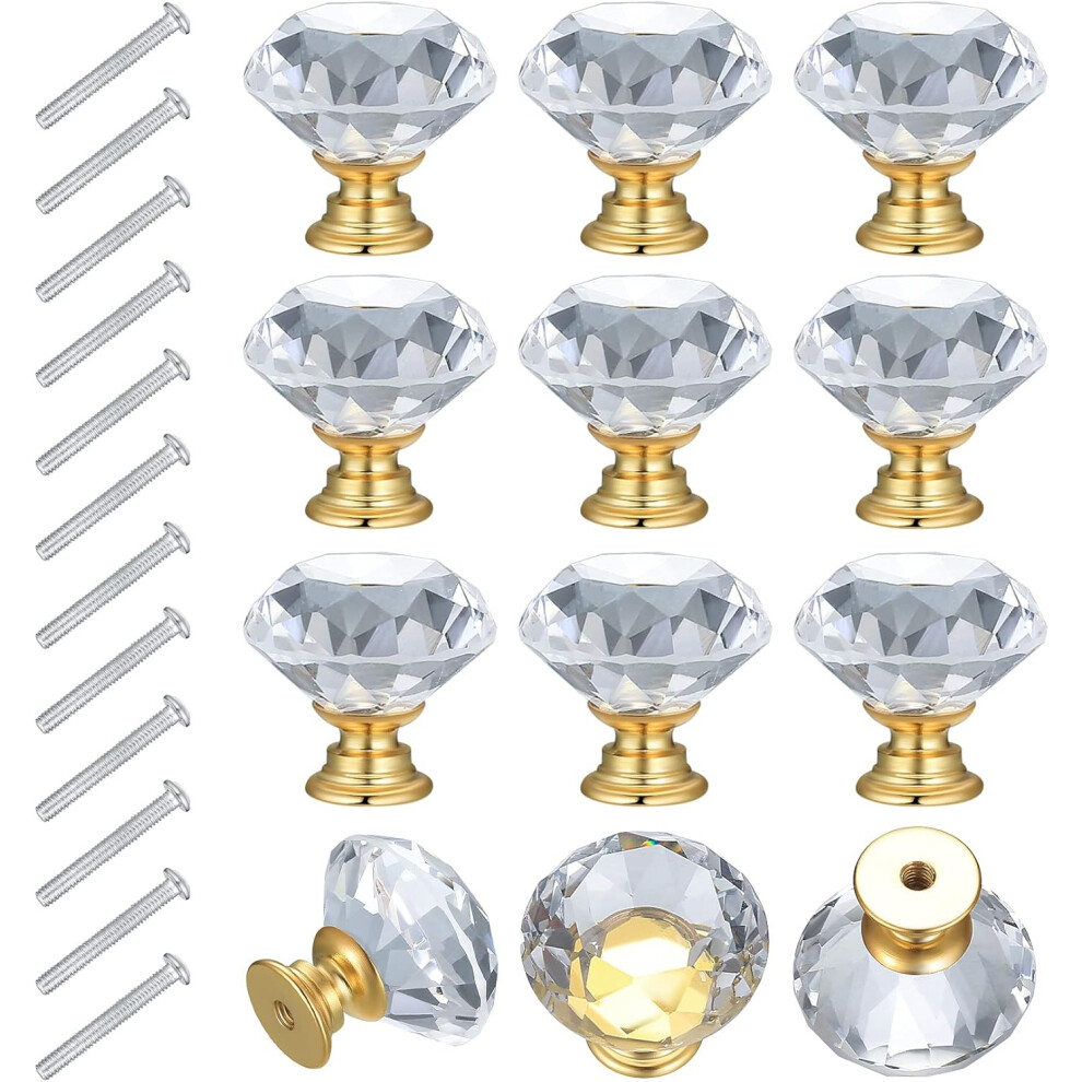 12Pcs Furniture Knob 30Mm Crystal Drawer Knob Golden Furniture Handle, Transparent Cabinet Handles Kitchen Cupboard Handle Crystal Door Knob 7770198337655