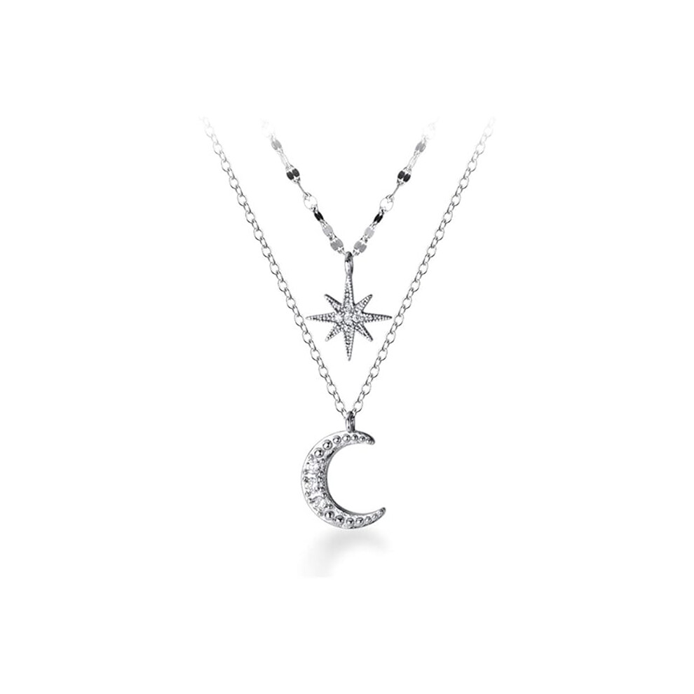 Tianfu 925 Sterling Layered Necklace Chain Star Moon Choker Necklace For Women Teen Girls Layering Chain Choker Silver