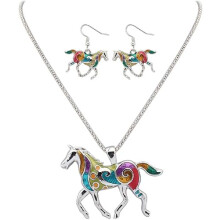 Charms Enamel Rainbow Horse Pendant Necklace with Earrings Jewelry Sets