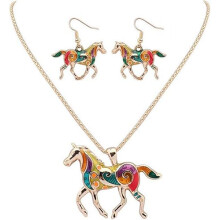 Charms Enamel Rainbow Horse Pendant Necklace with Earrings Jewelry Sets
