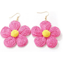 Rattan Flower Drop Earrings Boho Statement Colorful Handmade Raffia Straw Wrapped Dangle Earrings for Women