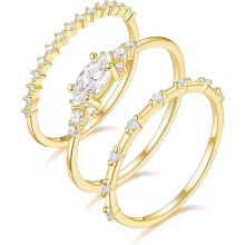 1.5mm 14K Gold Plated Stacking Rings for Women Girls Fashion Knuckle Thin Gold Ring Marquise & Round Cubic Zirconia Statement Ring Size 5-10 3PCS
