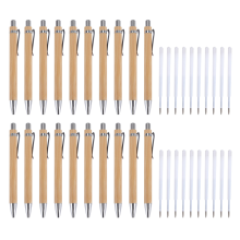 Lot de 20 stylos à bille rétractables en bambou et 20 recharges supplémentaires, encre noire, 1 mm, stylo à bille rétractable en bois