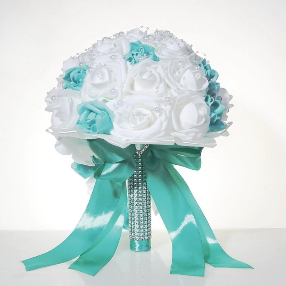 Wedding Hand Holding Bouquet Handmade Wedding Bouquets Silk Roses Bridal Bridesmaid Artificial Fake Flowers Toss Bouquet White/blue