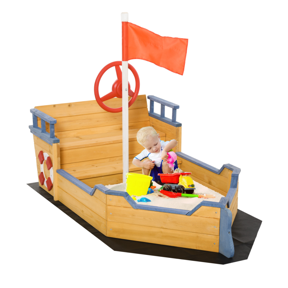 Outsunny Kids Wooden Sandbox Pirate Ship Sandboat W/ Bench Seat Storage Space