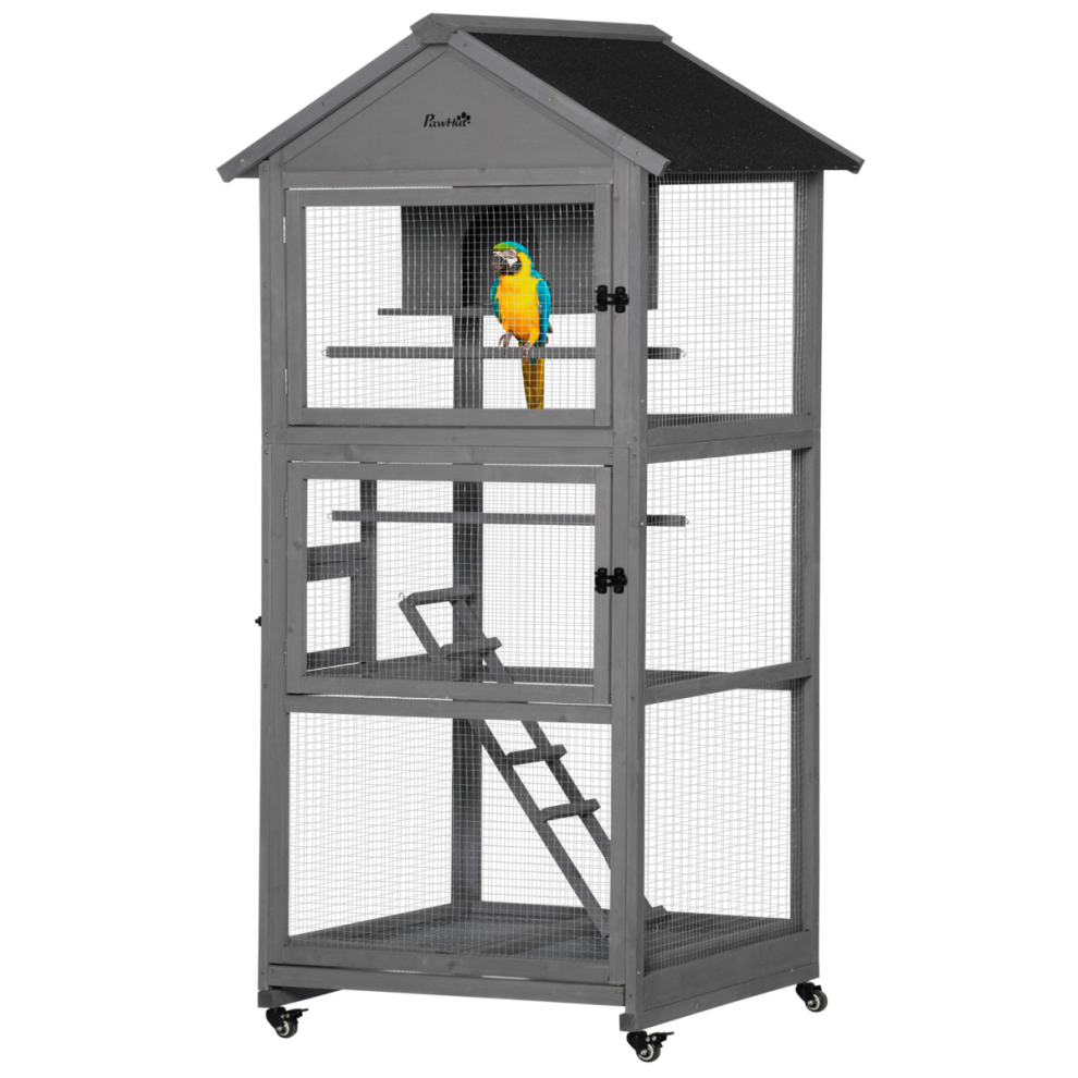 Bird Cage Wooden Aviary for Canary Cockatiel Parrot w/ Wheels Tray