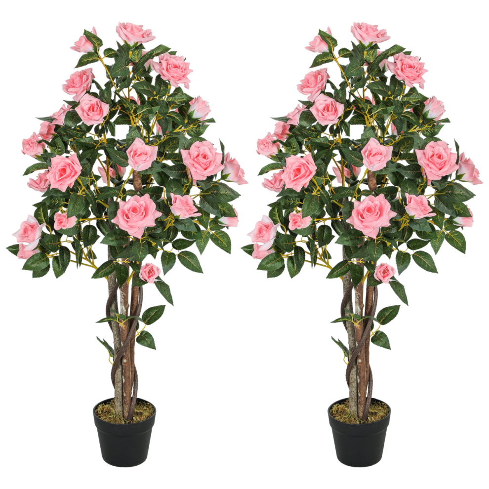 Homcom Set Of 2 Decorative Artificial Plants Rose Trees In Pot, Pink