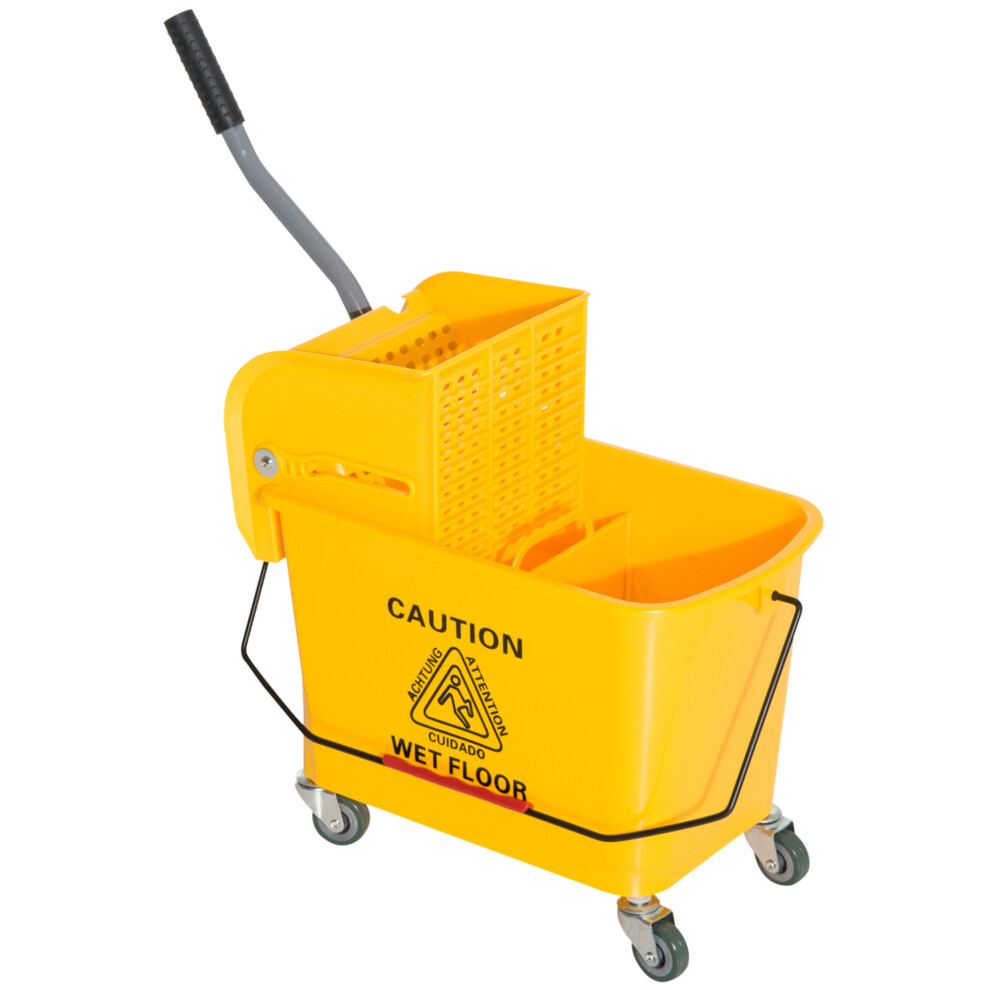 Homcom 20L Mop Bucket With Wringer Handle On Wheels For Cleaning Yellow
