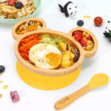 Mouse Bamboo Plate and Spoon Set Suction Plate Stay-Put Design YELLOW 0000232