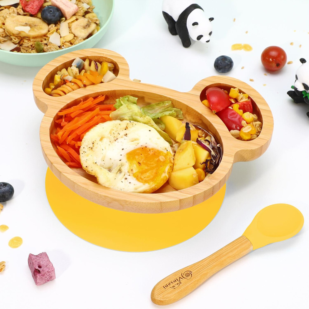 Vinsani Mouse Bamboo Plate And Spoon Set Suction Plate Stay-Put Design Yellow 0000232