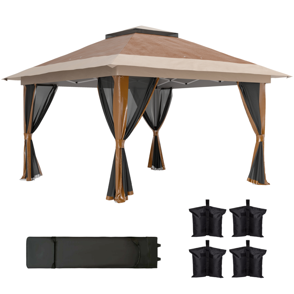 Outsunny 3.6 X 3.6M Pop Up Gazebo With Netting And Wheeled Bag, Brown