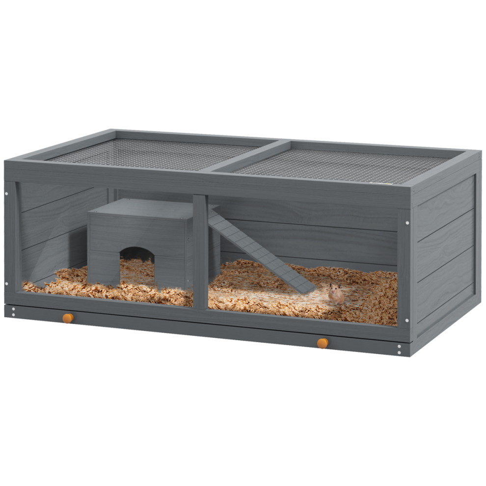 Wooden Hamster Cage With Sliding Tray, Openable Top, Hut, Grey - Image 6