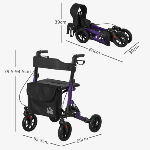 Homcom HOMCOM Folding Rollator Walker with Seat, Backrest, Bag, 4 Wheels, Purple 2