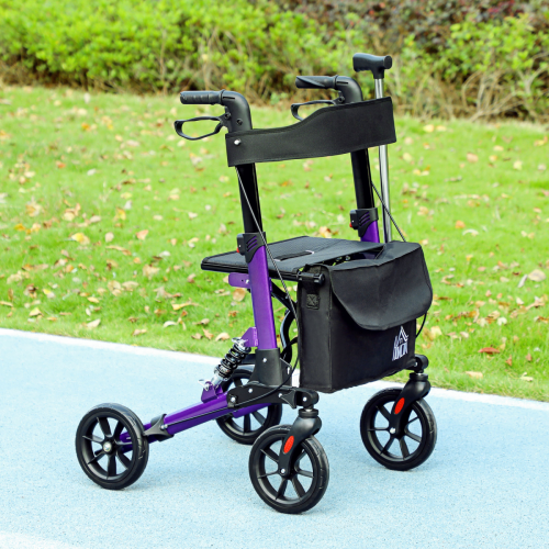 Homcom HOMCOM Folding Rollator Walker with Seat, Backrest, Bag, 4 Wheels, Purple 1