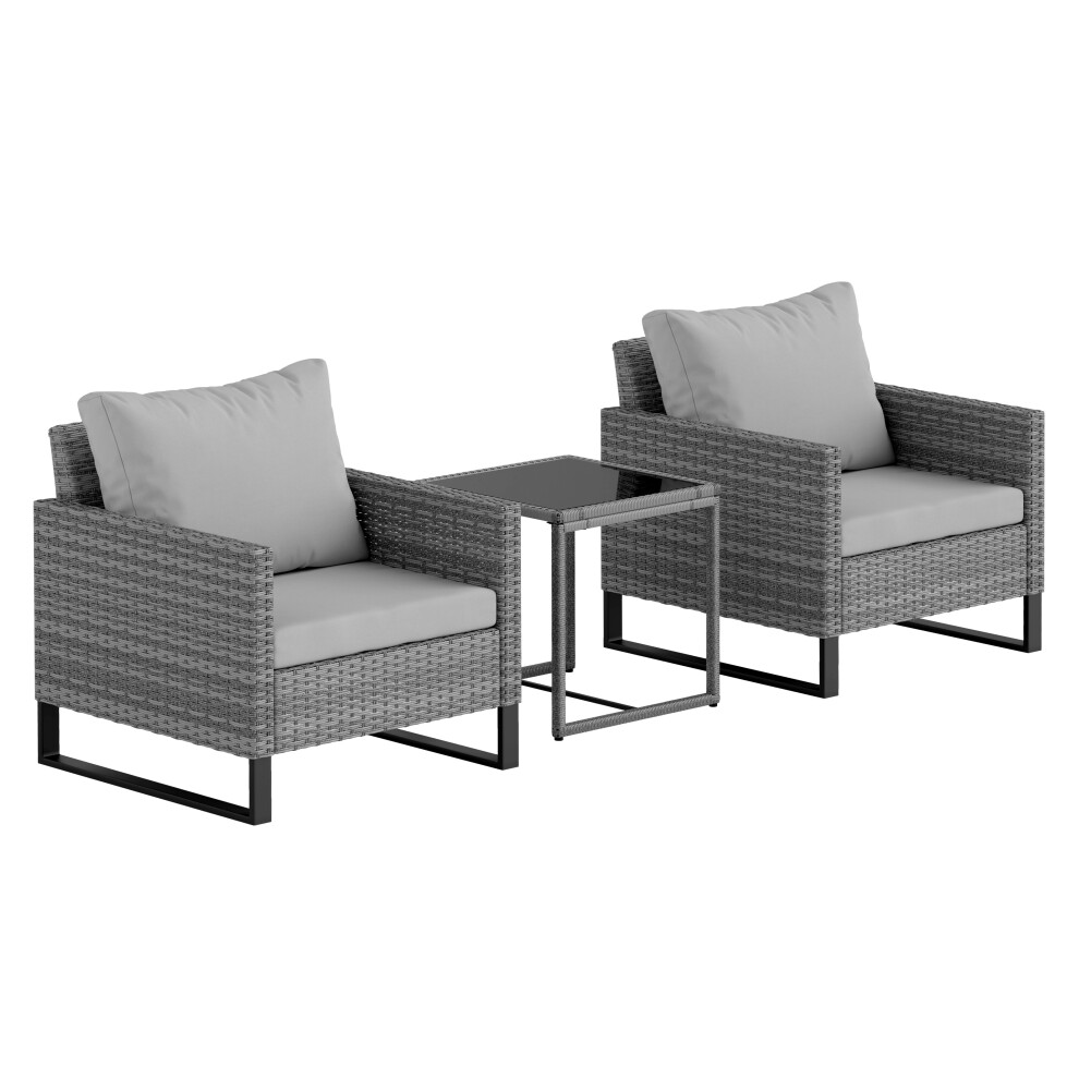 Outsunny 3Pcs Rattan Bistro Set Glass Top Table And Chairs With 4 Cushions Grey