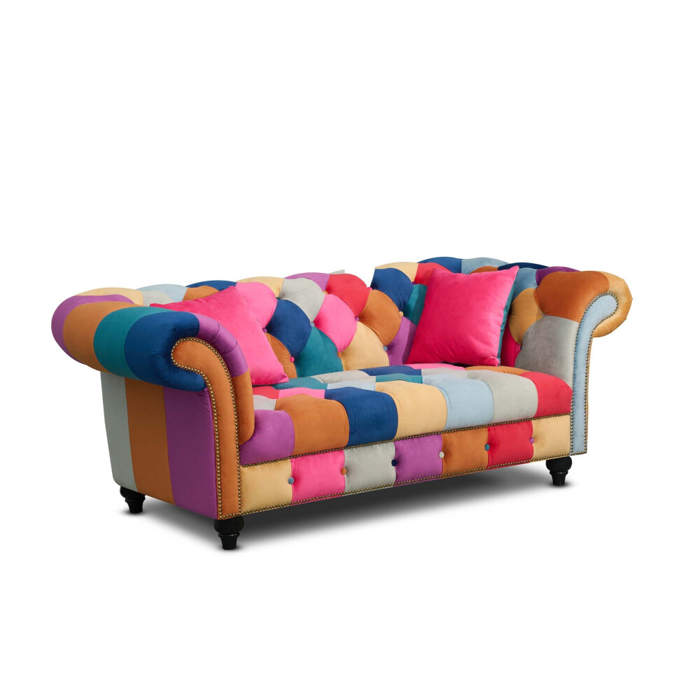 Multicoloured Velvet Patchwork 2 Seater Scroll Arm Chesterfield Sofa PORTOFINO
