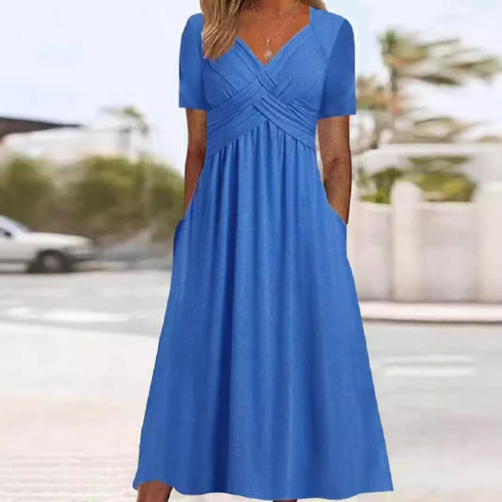 (blue, S) Women Sexy Long Dress Fashion Casual Temperament Solid Color V-neck Short Sleeve Pullover Summer Dresses
