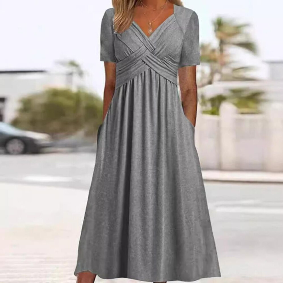 (grey, XXXL) Women Sexy Long Dress Fashion Casual Temperament Solid Color V-neck Short Sleeve Pullover Summer Dresses